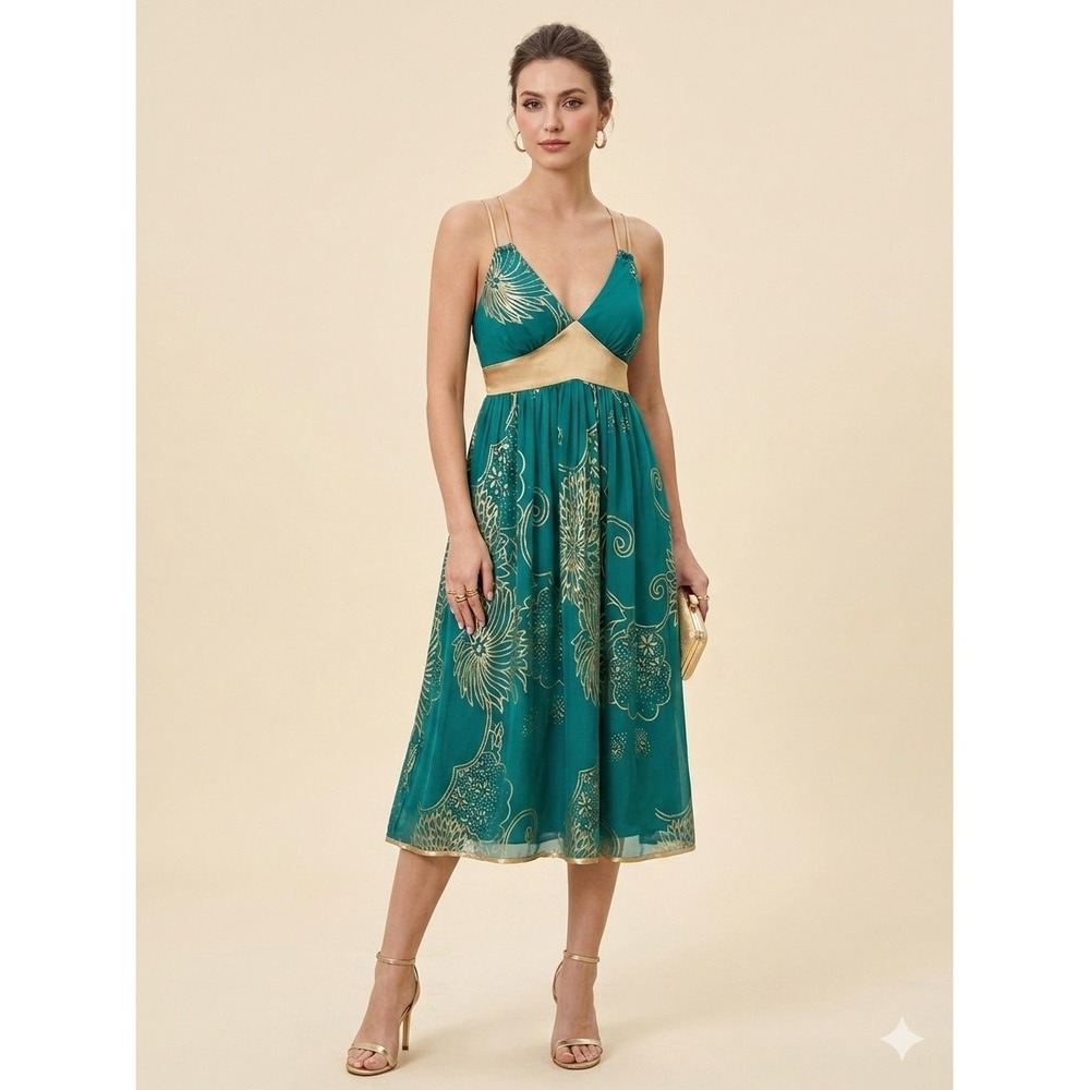 Arden B Dress Small Y2K Midi Teal Gold Burnout Fairycore Prom Strappy‎ Back Vtg